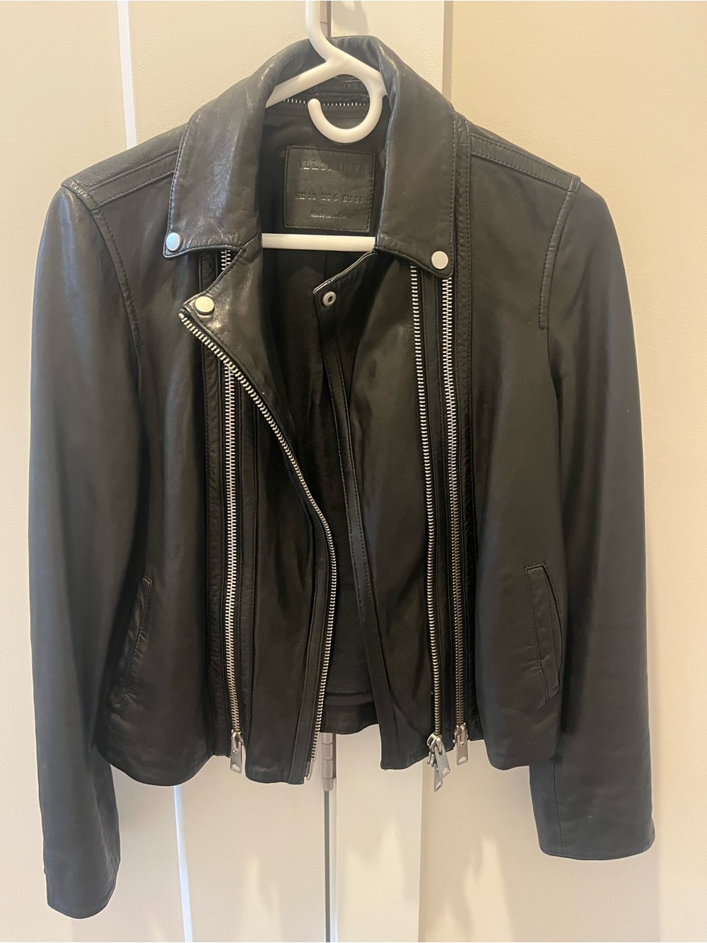 All Saints Black Leather Moto Jacket with Double Zippers